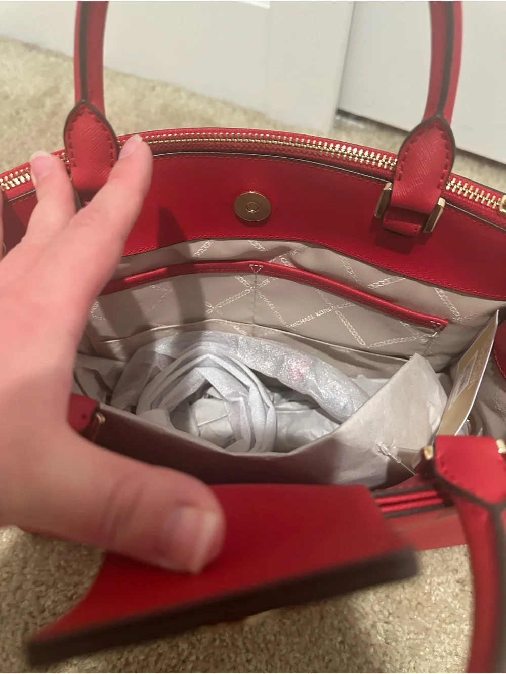 Michael Kors Red Saffiano Satchel with Gold Hardware